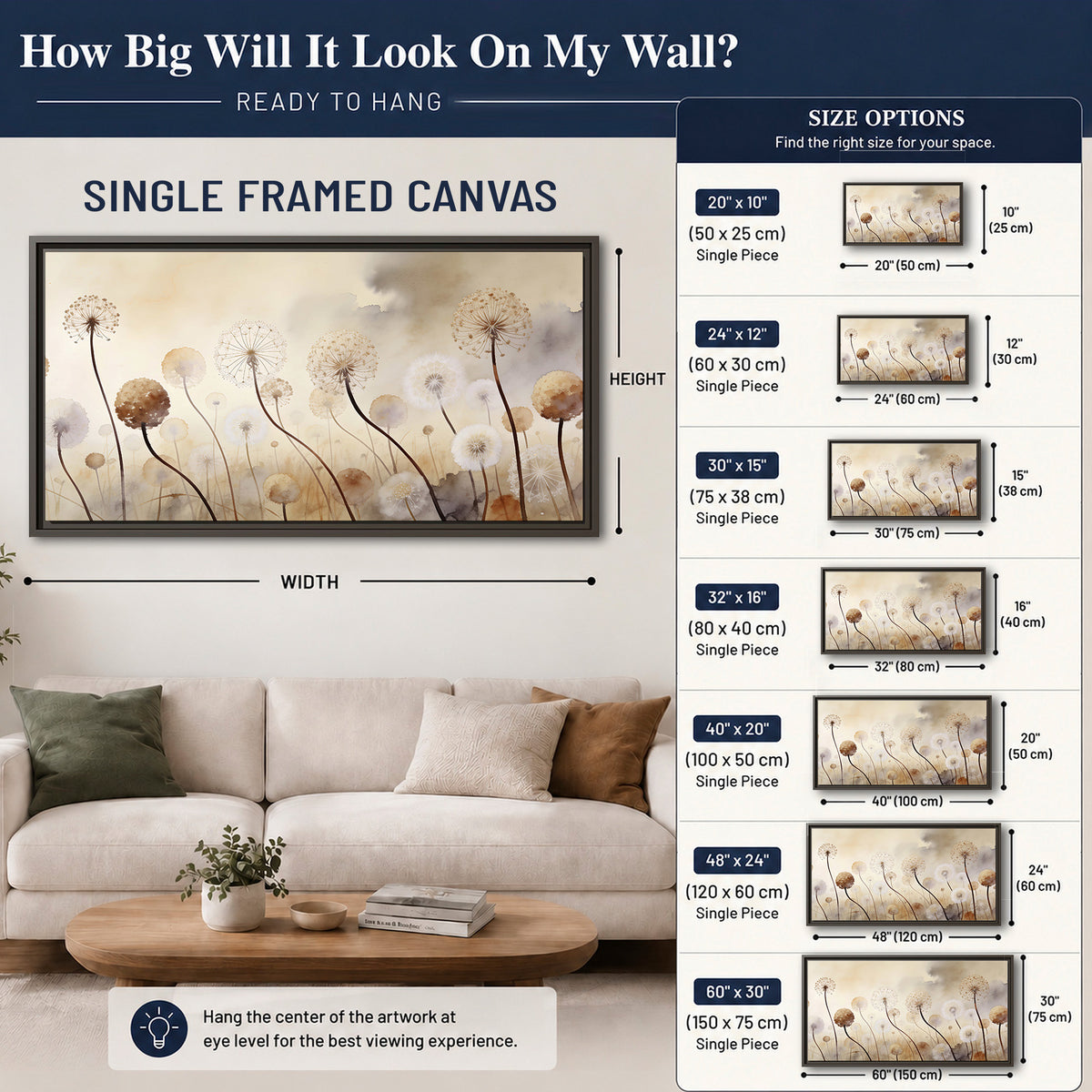 Delicate dandelion seed heads in warm misty light single framed canvas wall art size guide above a sofa; room view is illustrative