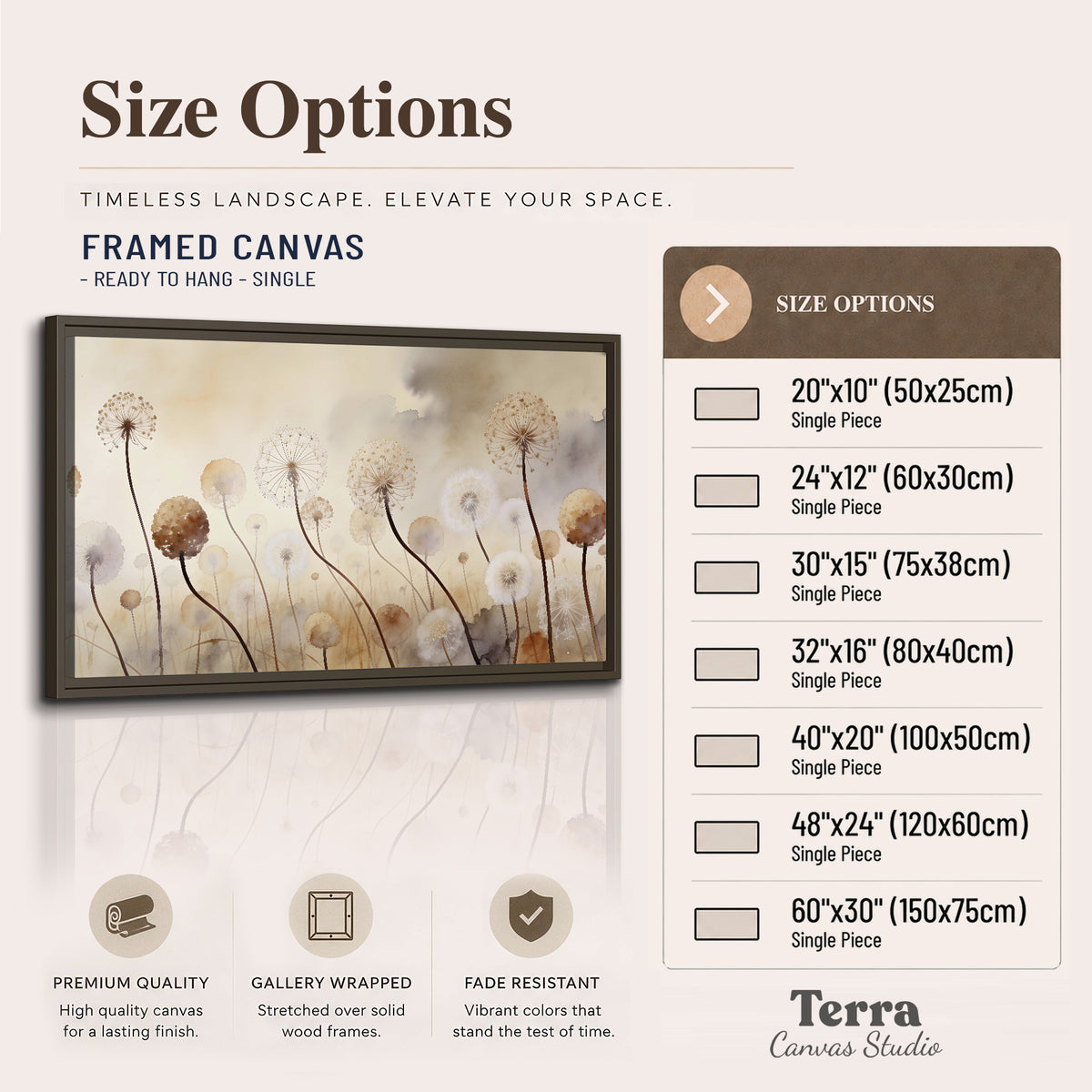 Delicate dandelion seed heads in warm misty light single framed canvas wall art available dimensions
