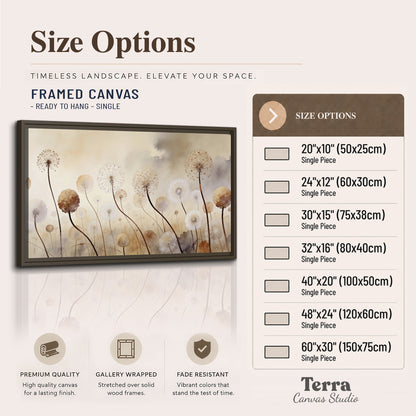Delicate dandelion seed heads in warm misty light single framed canvas wall art available dimensions