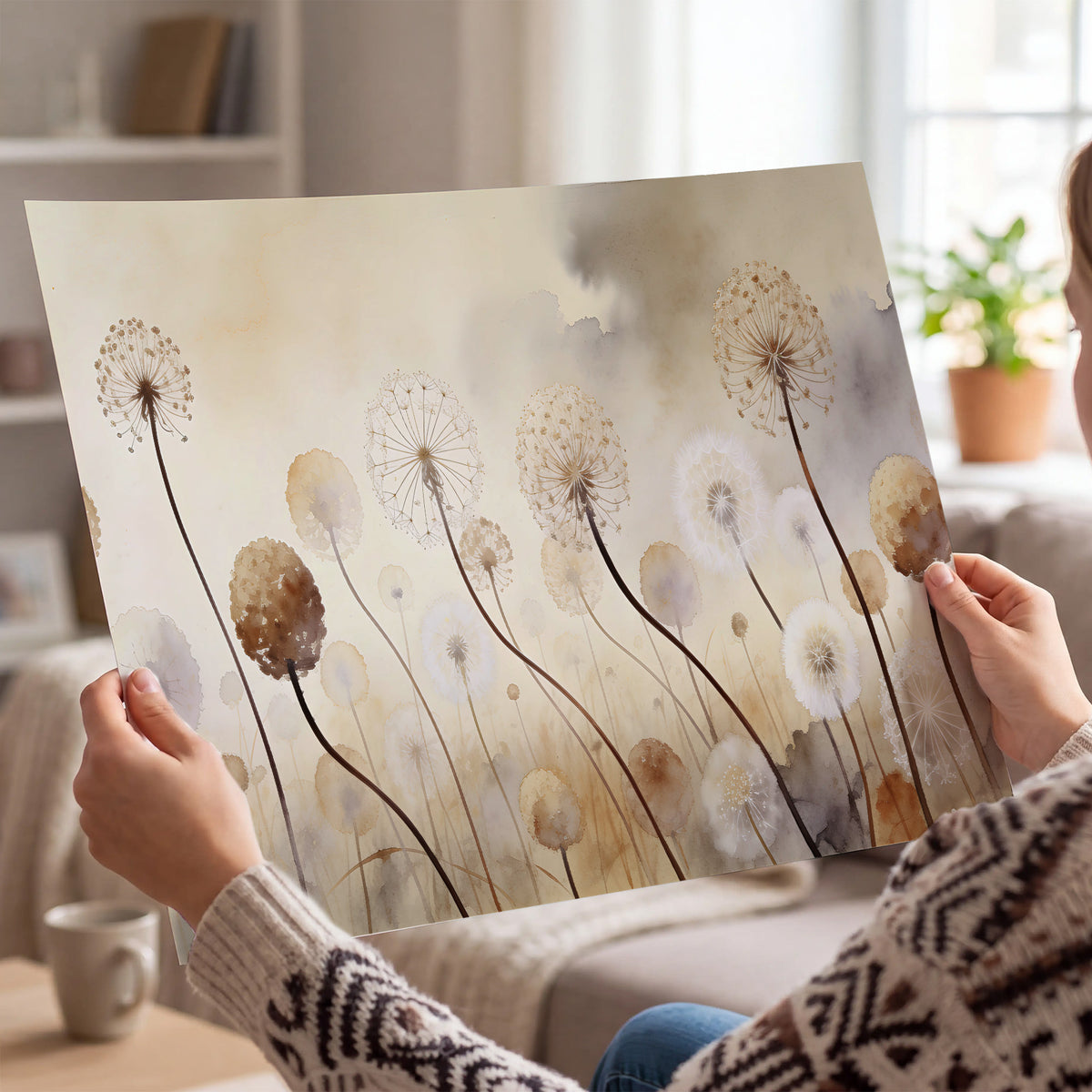 Delicate dandelion seed heads in warm misty light single poster print held in hands
