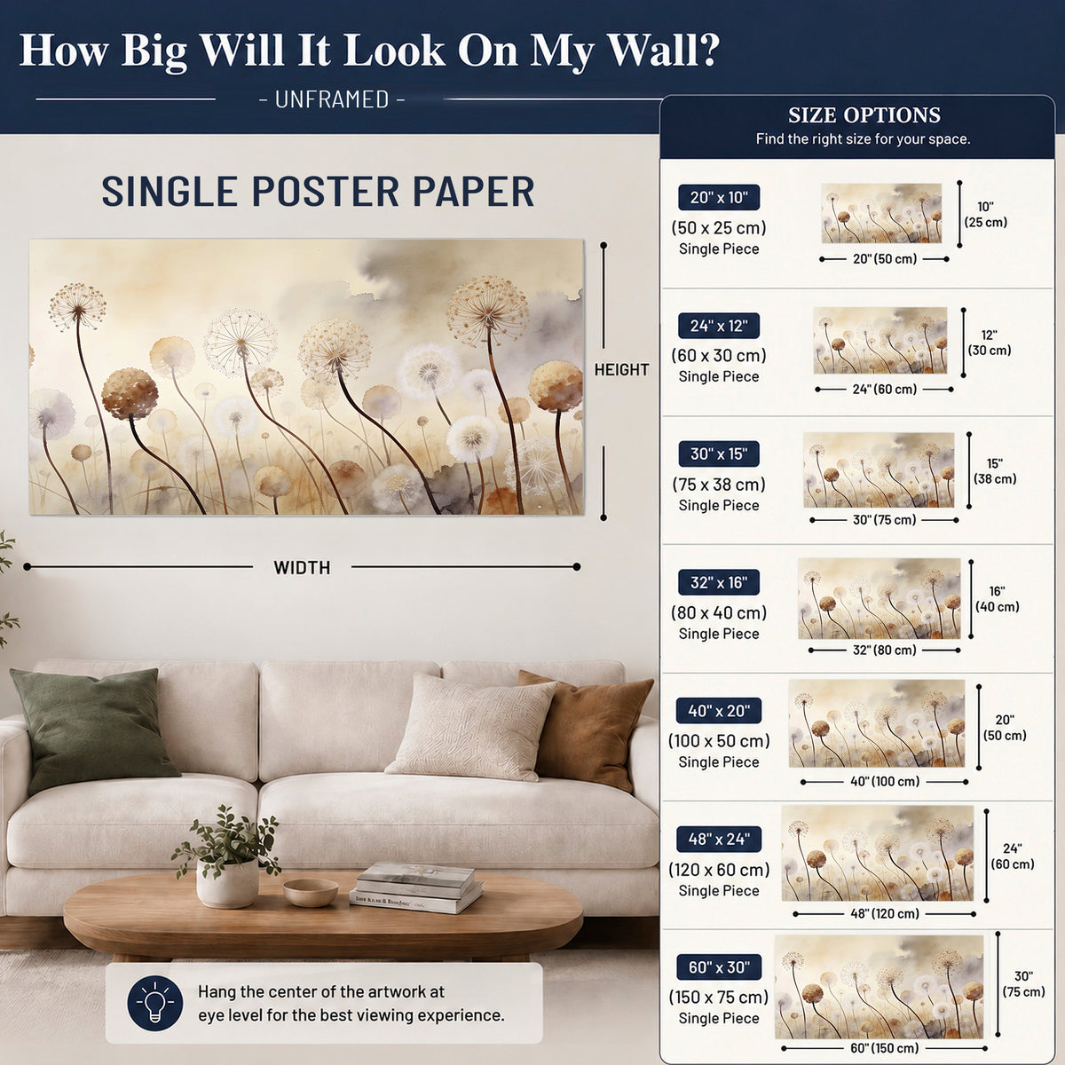 Delicate dandelion seed heads in warm misty light single poster print size guide above a sofa; room view is illustrative