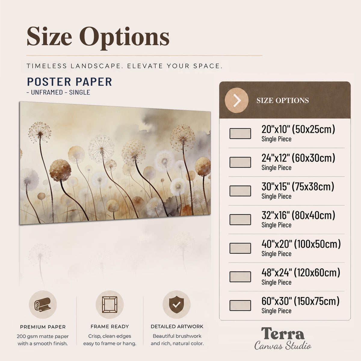 Delicate dandelion seed heads in warm misty light single poster print available dimensions