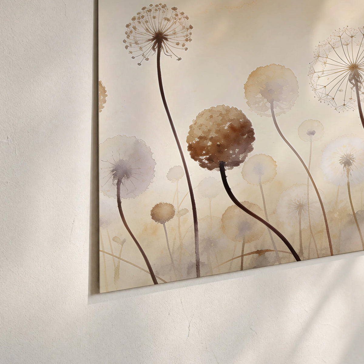 Delicate dandelion seed heads in warm misty light set of 3 poster prints material and edge close up