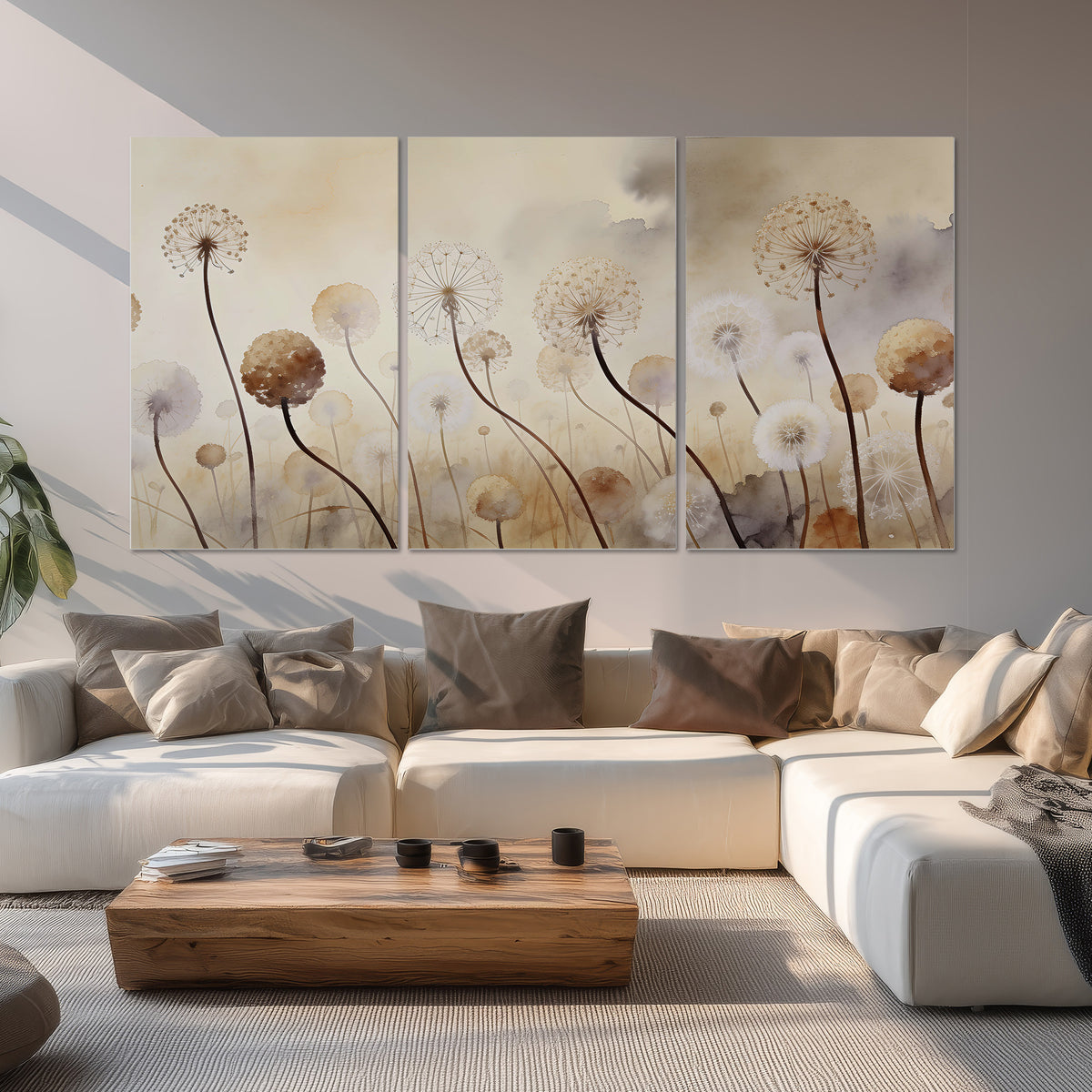 Delicate dandelion seed heads in warm misty light set of 3 poster prints displayed in a living room