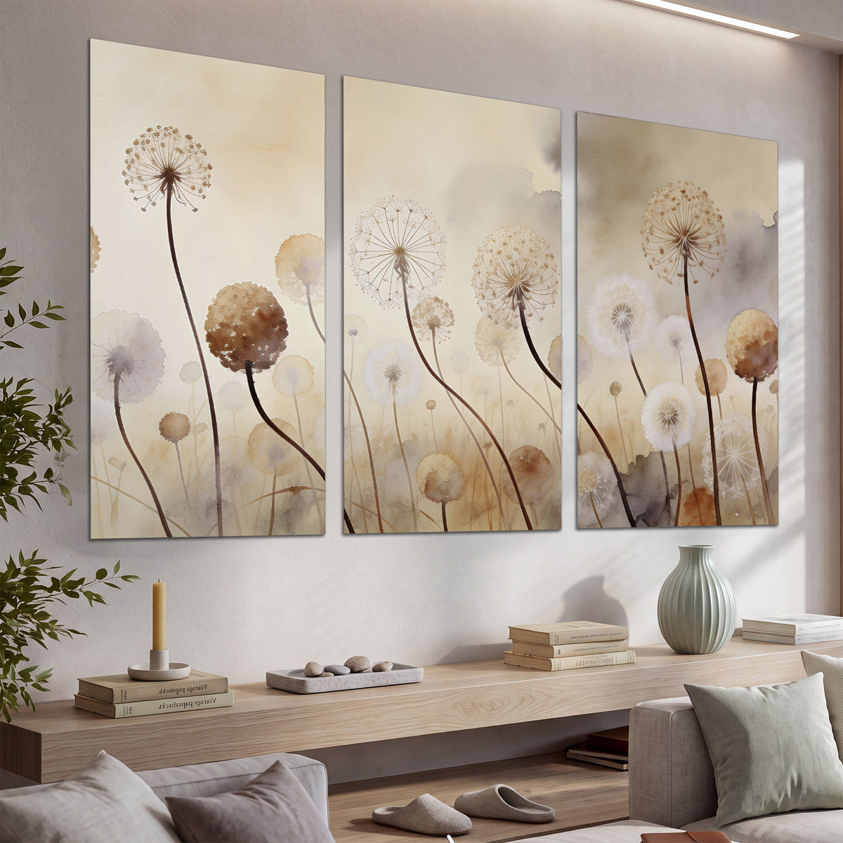 Delicate dandelion seed heads in warm misty light set of 3 poster prints displayed in a console