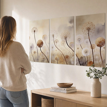Delicate dandelion seed heads in warm misty light set of 3 poster prints three panel arrangement on a wall