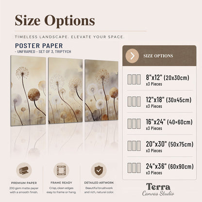 Delicate dandelion seed heads in warm misty light set of 3 poster prints available dimensions; triptych dimensions are per panel