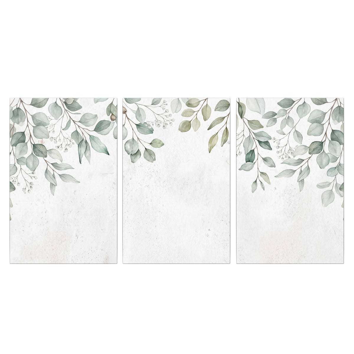 Pale sage eucalyptus leaves against a light background 3 piece canvas wall art viewed straight on