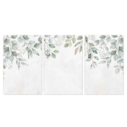 Pale sage eucalyptus leaves against a light background 3 piece canvas wall art viewed straight on