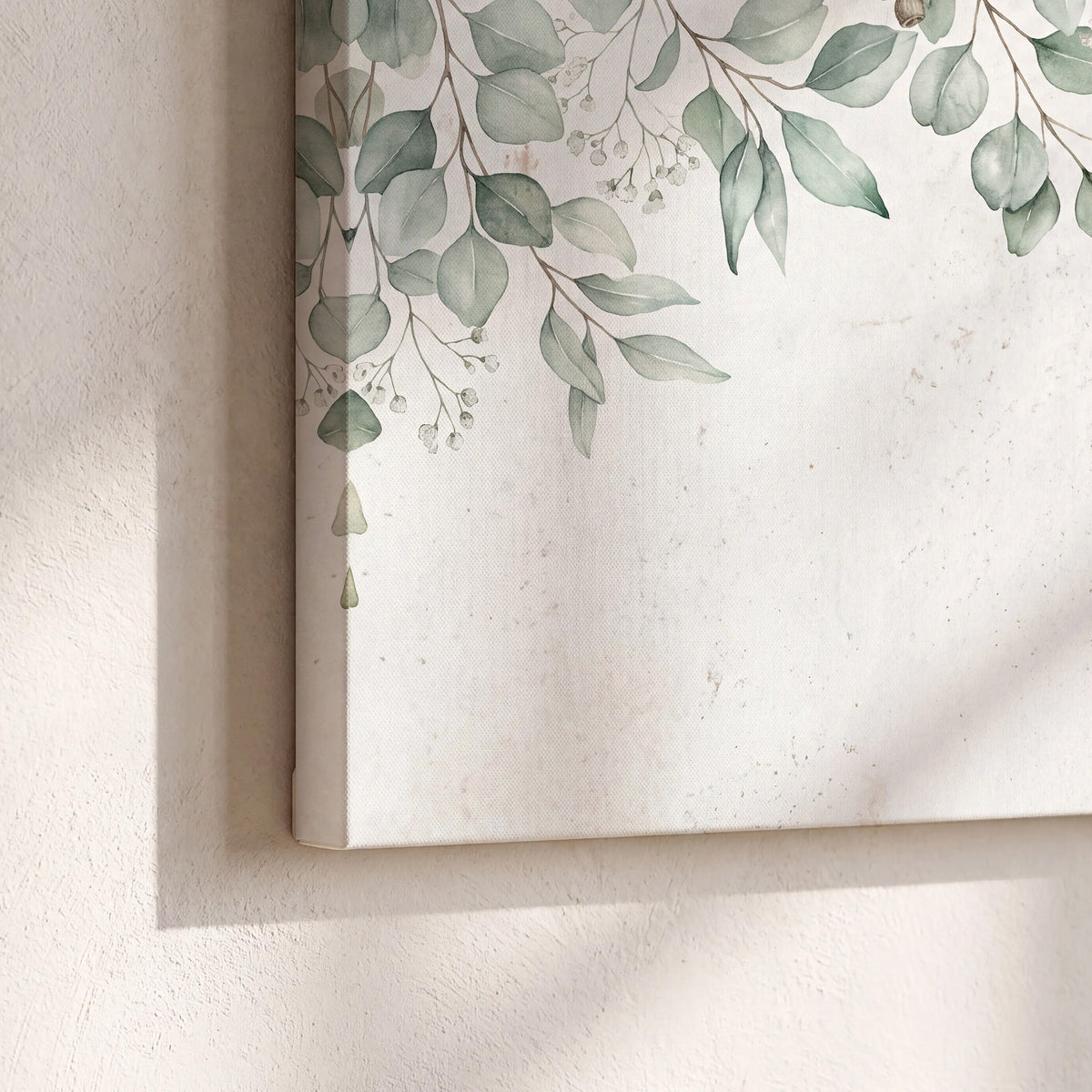 Pale sage eucalyptus leaves against a light background 3 piece canvas wall art material and edge close up