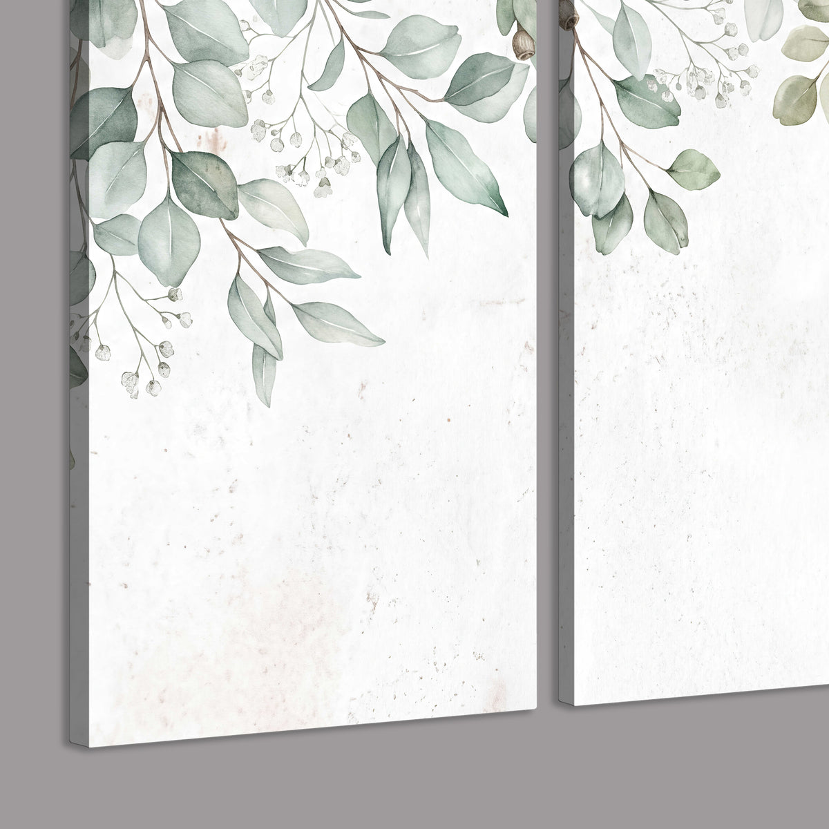 Pale sage eucalyptus leaves against a light background 3 piece canvas wall art room and product view
