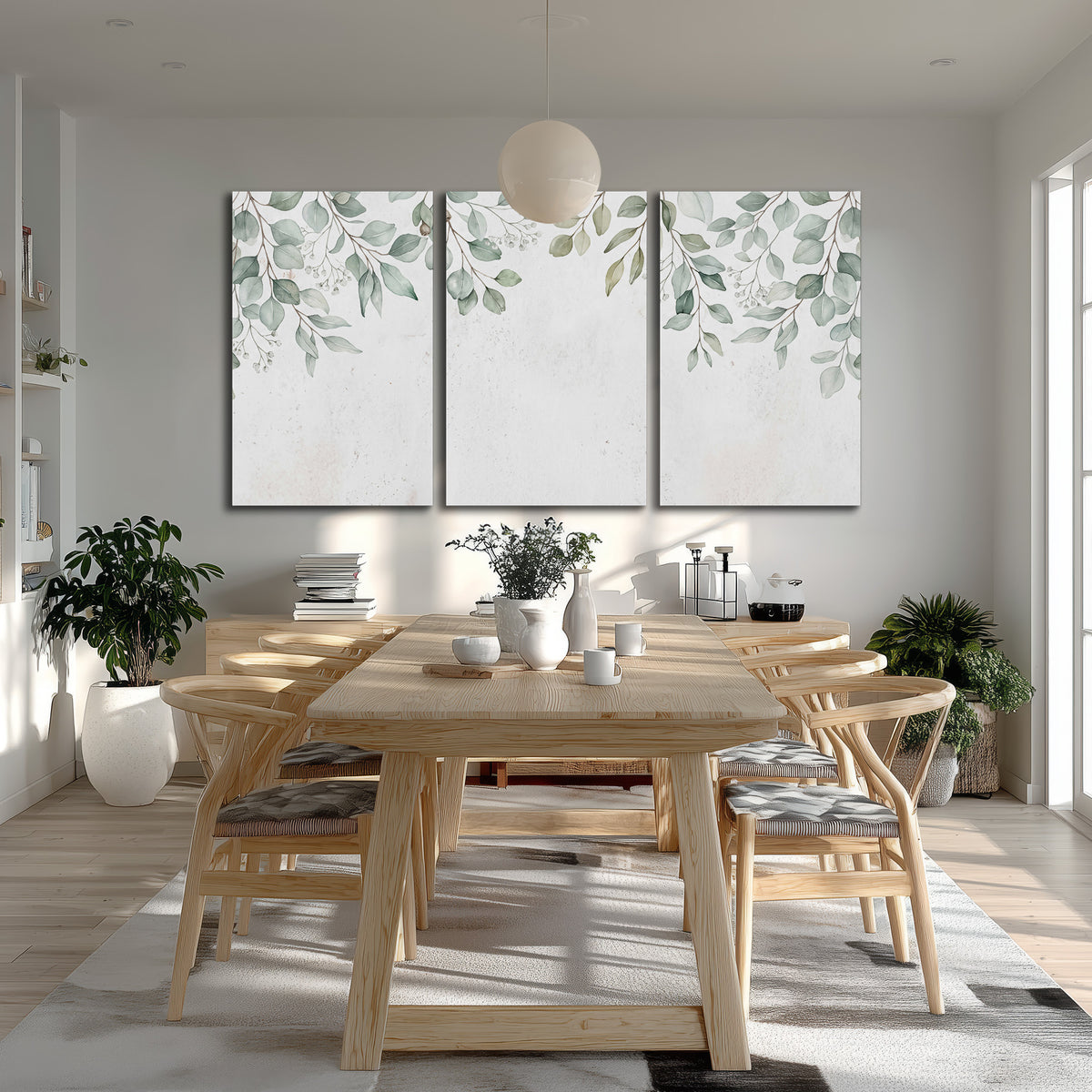 Pale sage eucalyptus leaves against a light background 3 piece canvas wall art room and product view