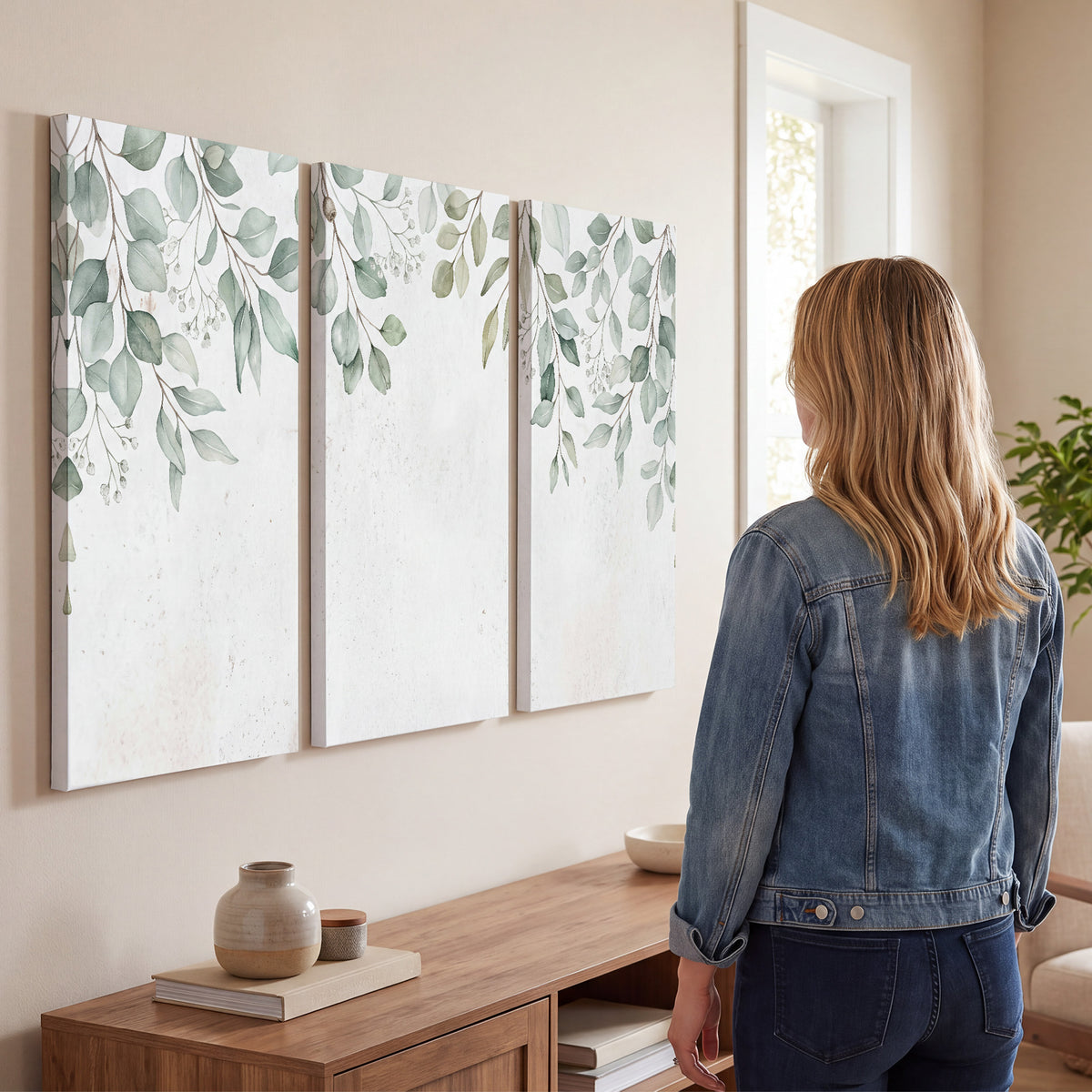Pale sage eucalyptus leaves against a light background 3 piece canvas wall art three panel arrangement on a wall