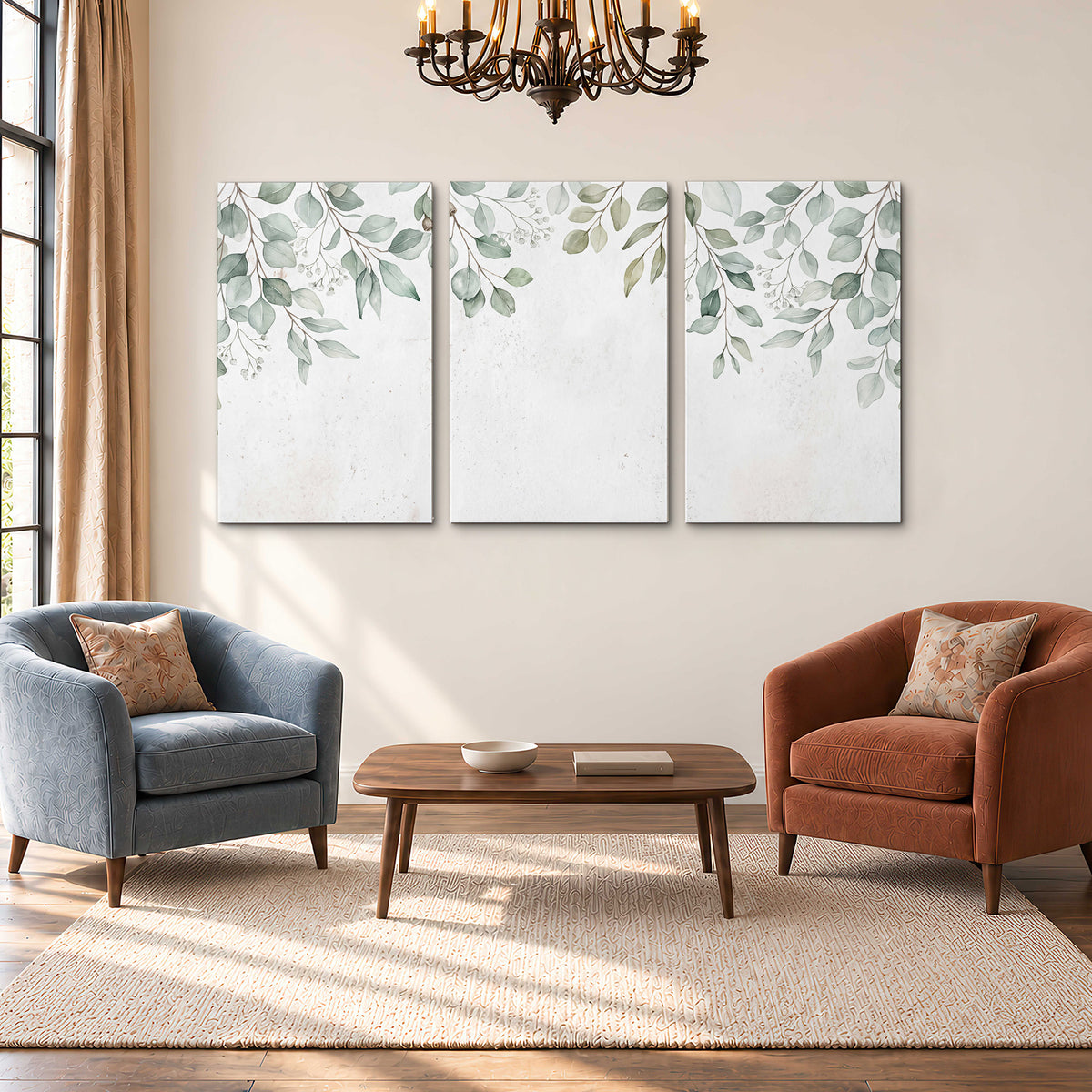 Pale sage eucalyptus leaves against a light background 3 piece canvas wall art styled in an interior