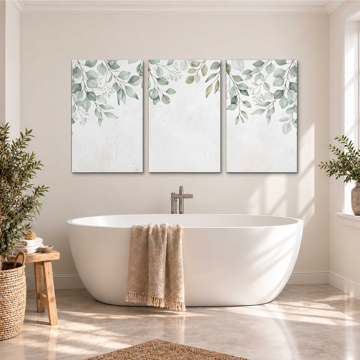Pale sage eucalyptus leaves against a light background 3 piece canvas wall art styled in an interior