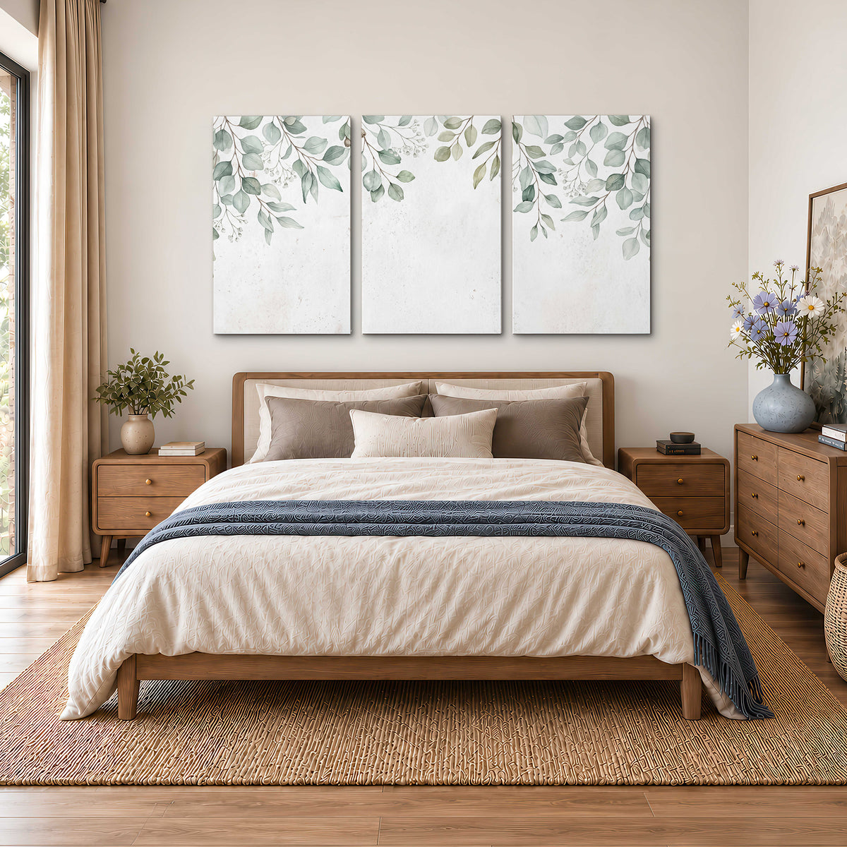 Pale sage eucalyptus leaves against a light background 3 piece canvas wall art styled in an interior