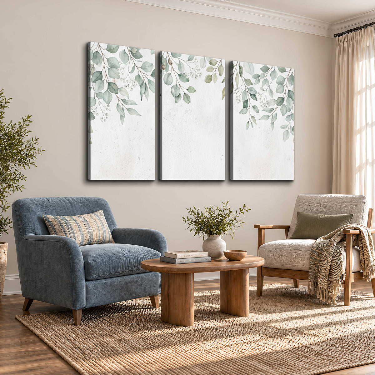 Pale sage eucalyptus leaves against a light background 3 piece canvas wall art styled in an interior