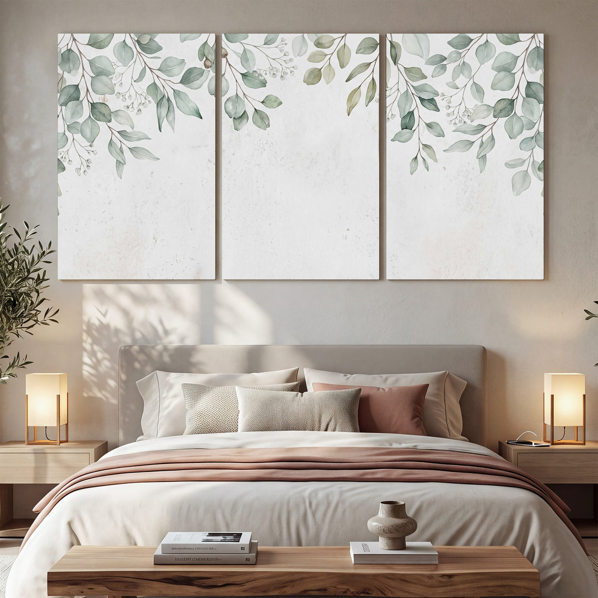 Pale sage eucalyptus leaves against a light background 3 piece canvas wall art displayed in a bedroom