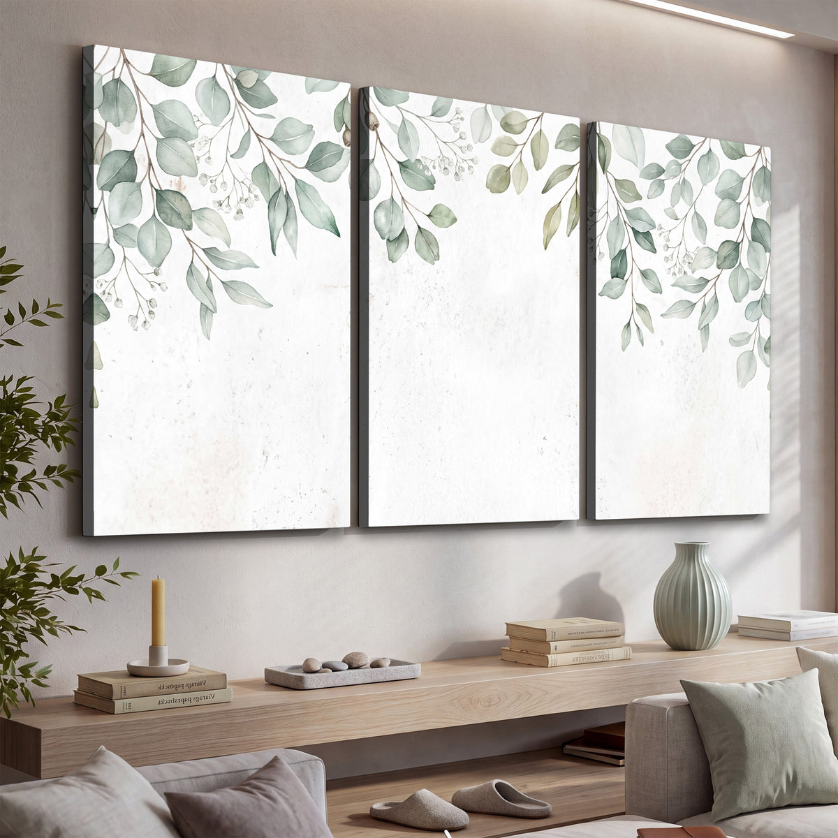 Pale sage eucalyptus leaves against a light background 3 piece canvas wall art displayed in a console