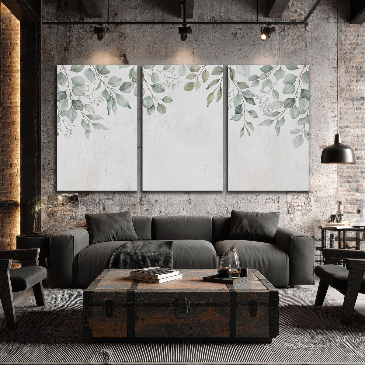 Pale sage eucalyptus leaves against a light background 3 piece canvas wall art displayed in a industrial room