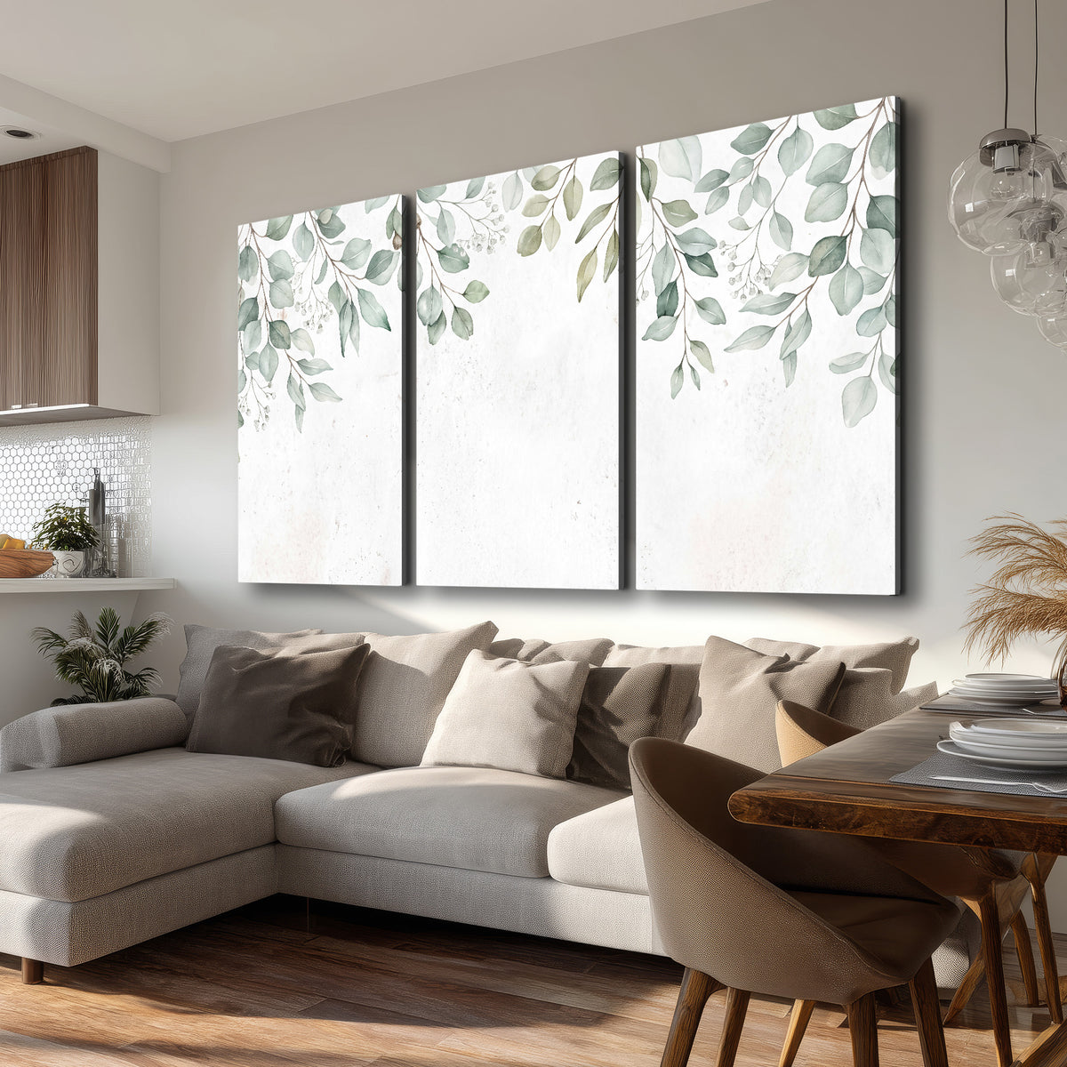 Pale sage eucalyptus leaves against a light background 3 piece canvas wall art room and product view