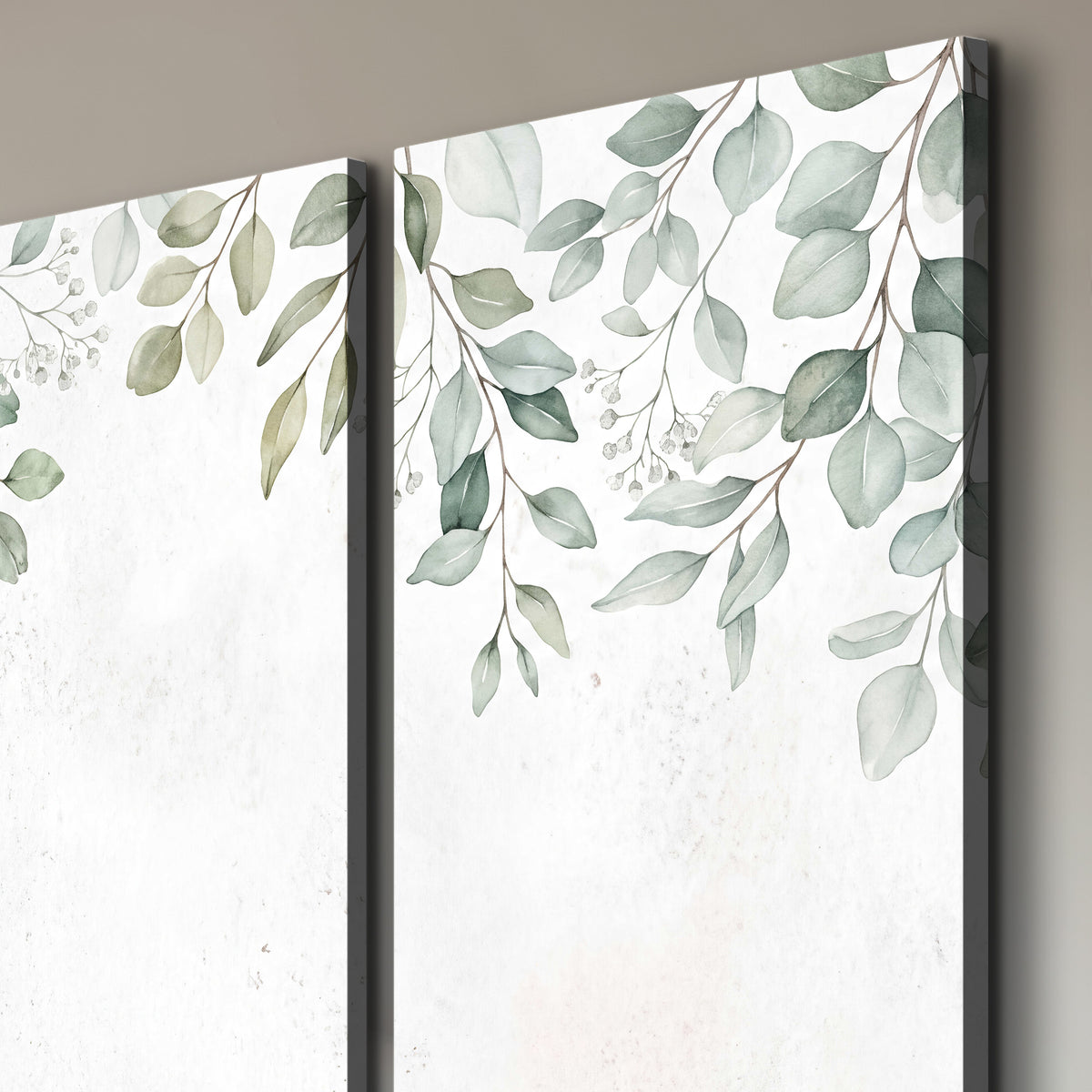 Pale sage eucalyptus leaves against a light background 3 piece canvas wall art room and product view