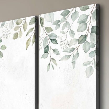 Pale sage eucalyptus leaves against a light background 3 piece canvas wall art room and product view