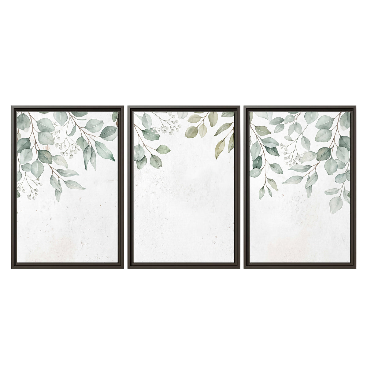 Pale sage eucalyptus leaves against a light background 3 piece framed canvas wall art viewed straight on