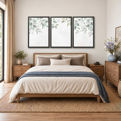 Pale sage eucalyptus leaves against a light background 3 piece framed canvas wall art styled in an interior