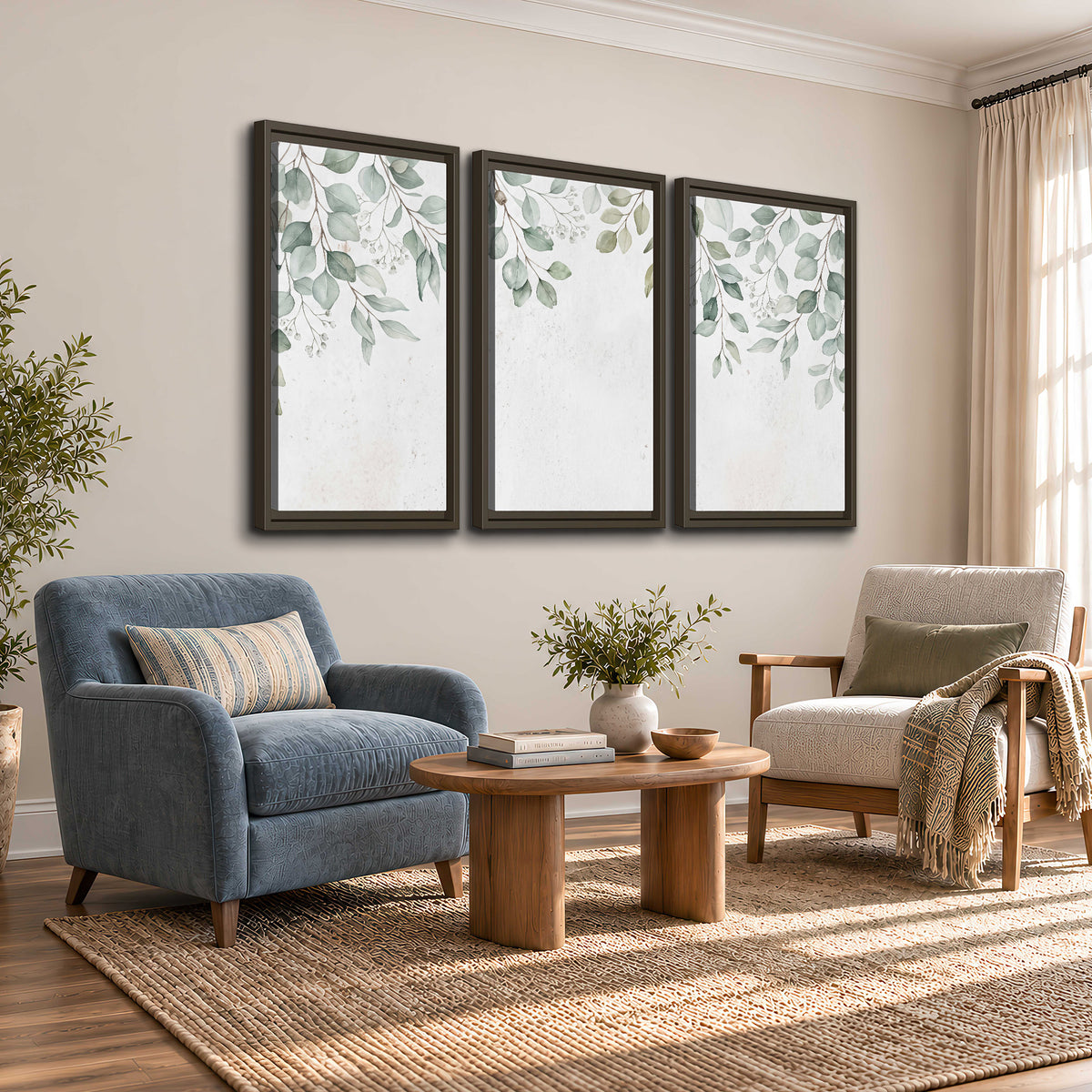 Pale sage eucalyptus leaves against a light background 3 piece framed canvas wall art styled in an interior