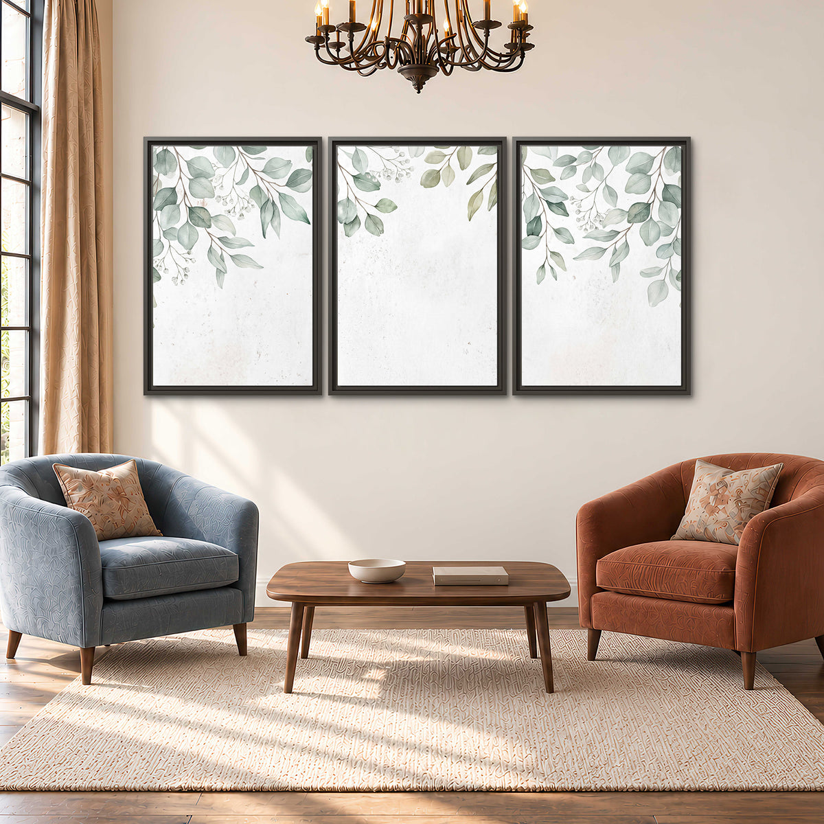 Pale sage eucalyptus leaves against a light background 3 piece framed canvas wall art styled in an interior