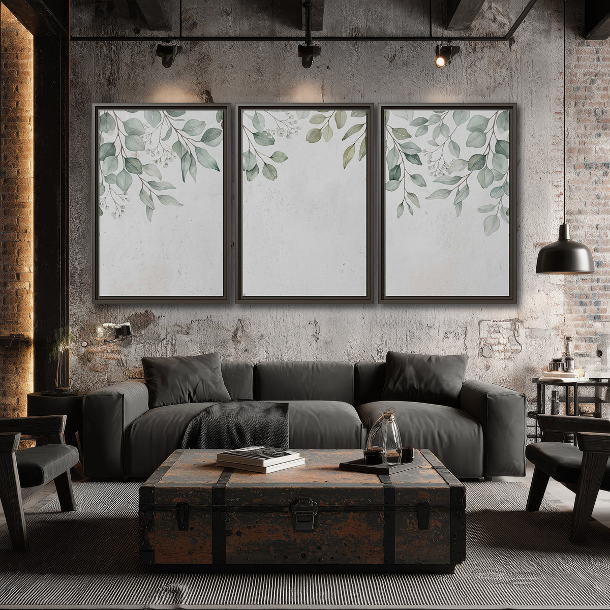 Pale sage eucalyptus leaves against a light background 3 piece framed canvas wall art displayed in a industrial room