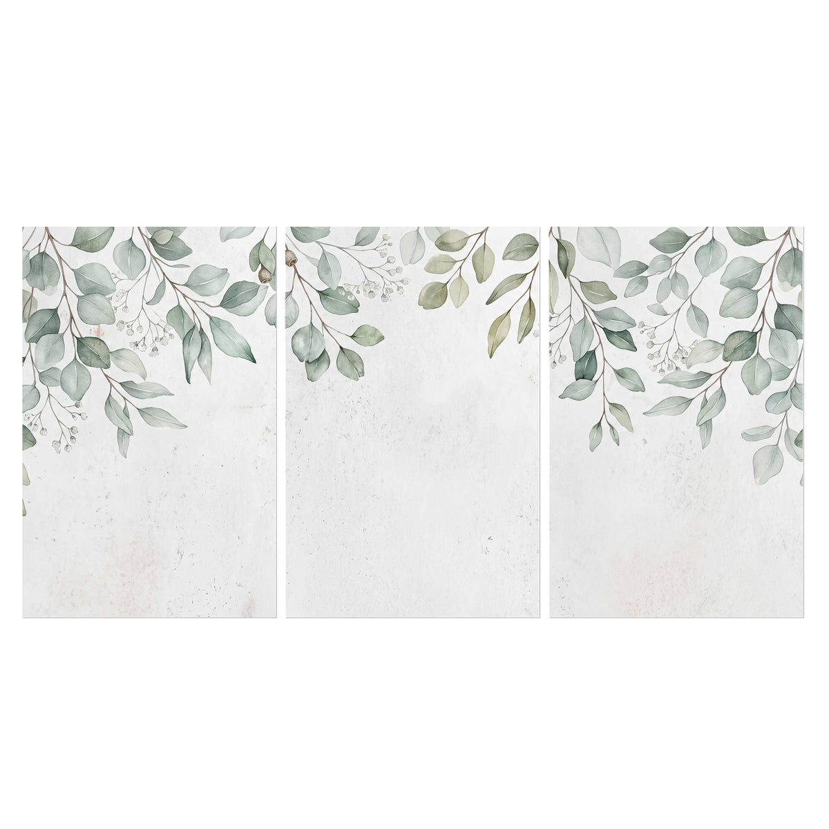 Pale sage eucalyptus leaves against a light background set of 3 poster prints viewed straight on