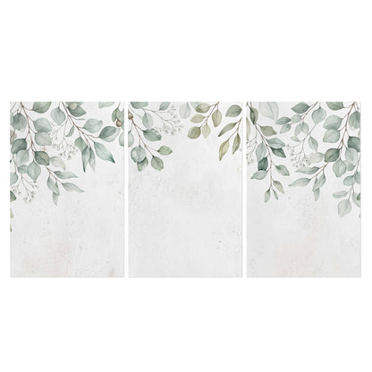 Pale sage eucalyptus leaves against a light background set of 3 poster prints viewed straight on