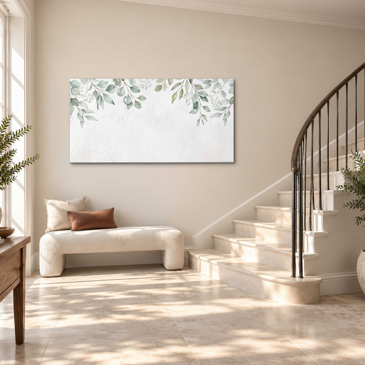 Pale sage eucalyptus leaves against a light background single canvas wall art styled in an interior