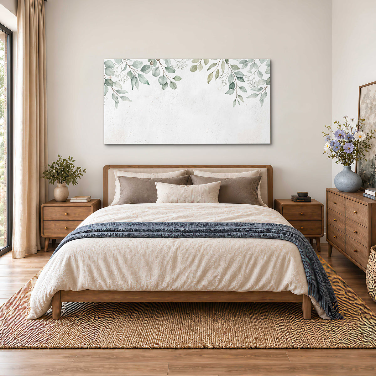 Pale sage eucalyptus leaves against a light background single canvas wall art styled in an interior