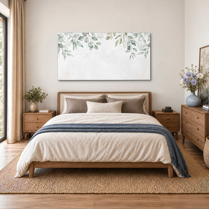 Pale sage eucalyptus leaves against a light background single canvas wall art styled in an interior