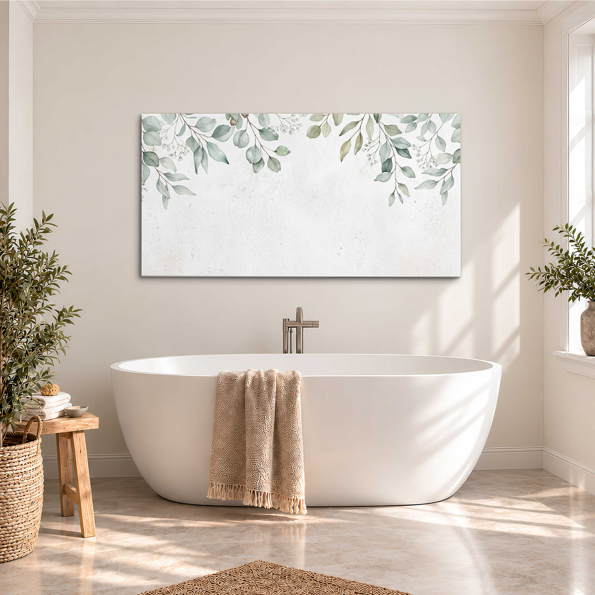 Pale sage eucalyptus leaves against a light background single canvas wall art styled in an interior
