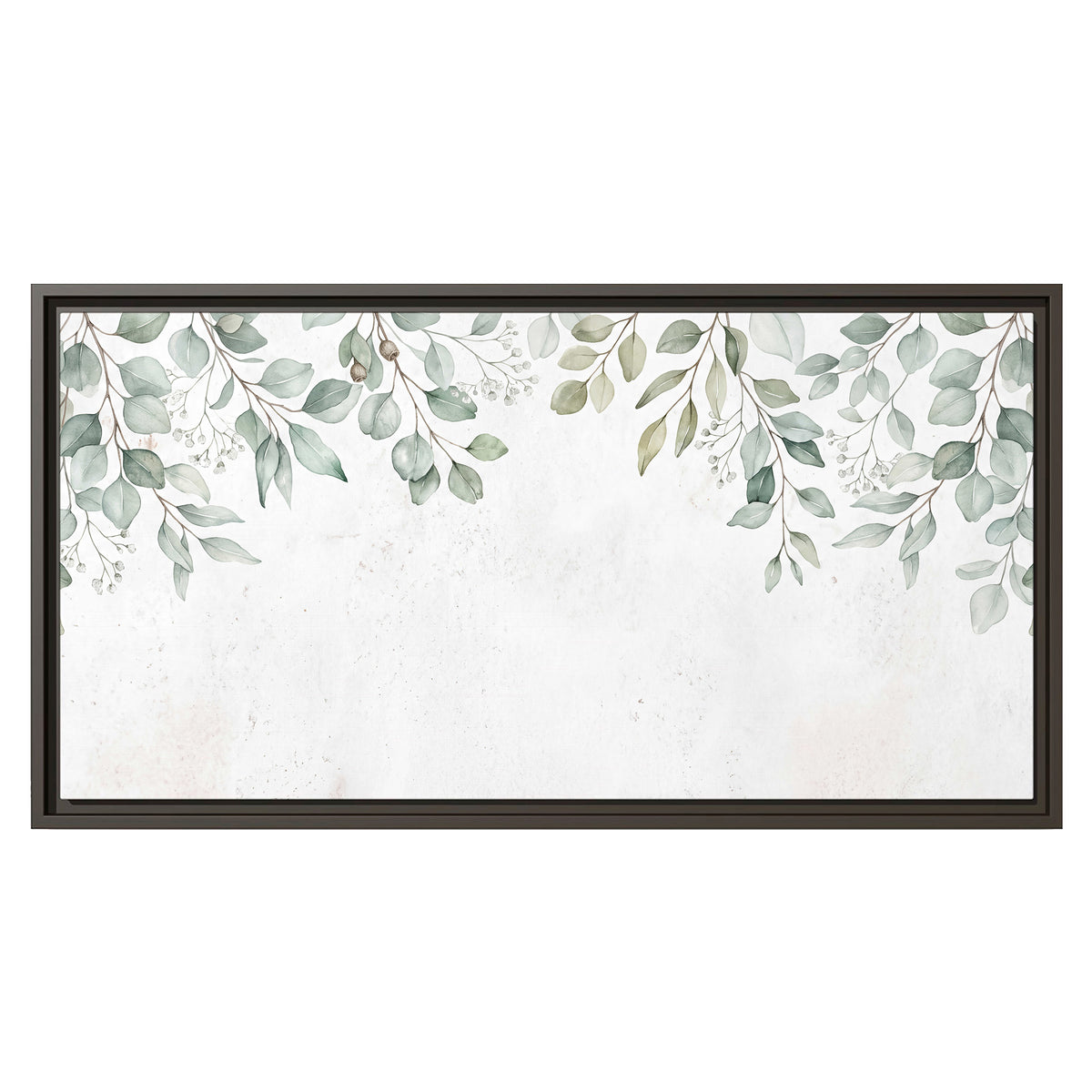 Pale sage eucalyptus leaves against a light background single framed canvas wall art viewed straight on