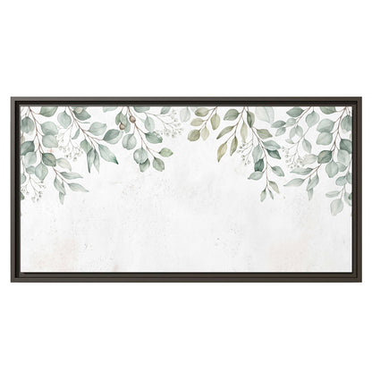 Pale sage eucalyptus leaves against a light background single framed canvas wall art viewed straight on