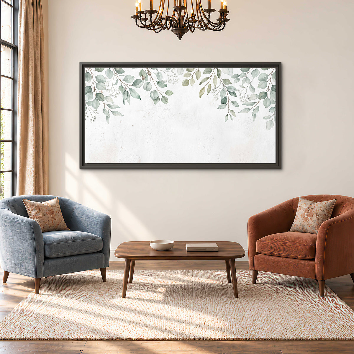 Pale sage eucalyptus leaves against a light background single framed canvas wall art styled in an interior