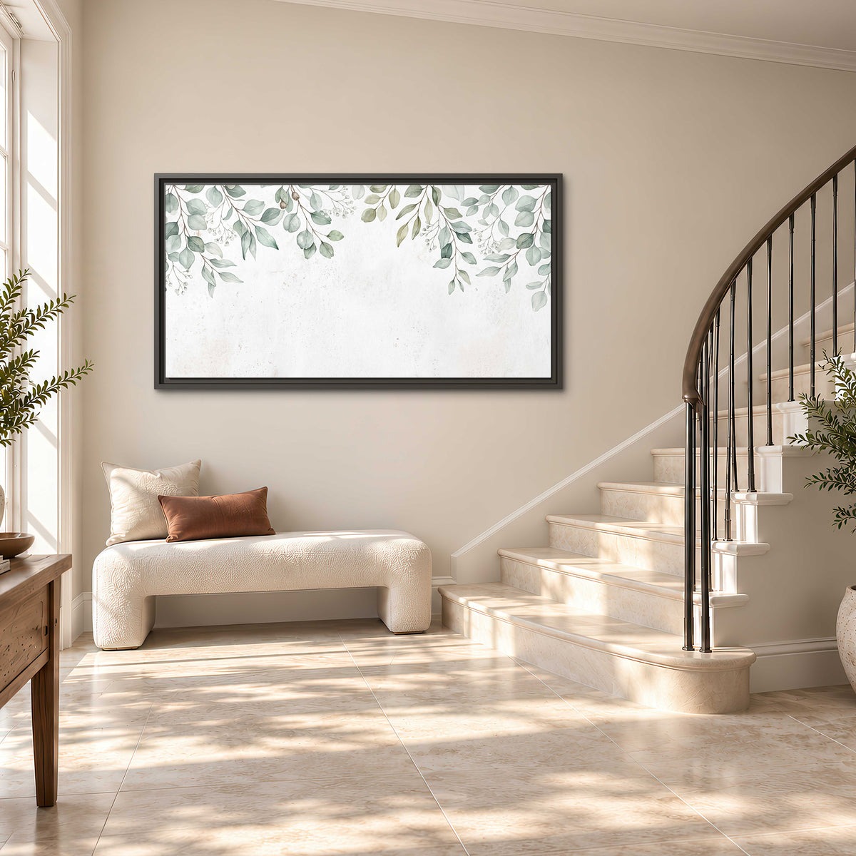 Pale sage eucalyptus leaves against a light background single framed canvas wall art styled in an interior