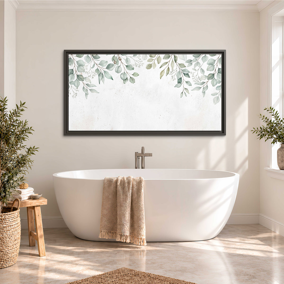 Pale sage eucalyptus leaves against a light background single framed canvas wall art styled in an interior