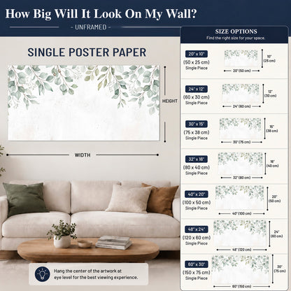 Pale sage eucalyptus leaves against a light background single poster print size guide above a sofa; room view is illustrative