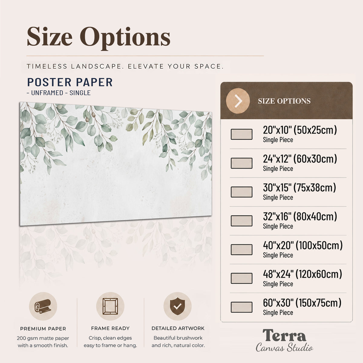 Pale sage eucalyptus leaves against a light background single poster print available dimensions
