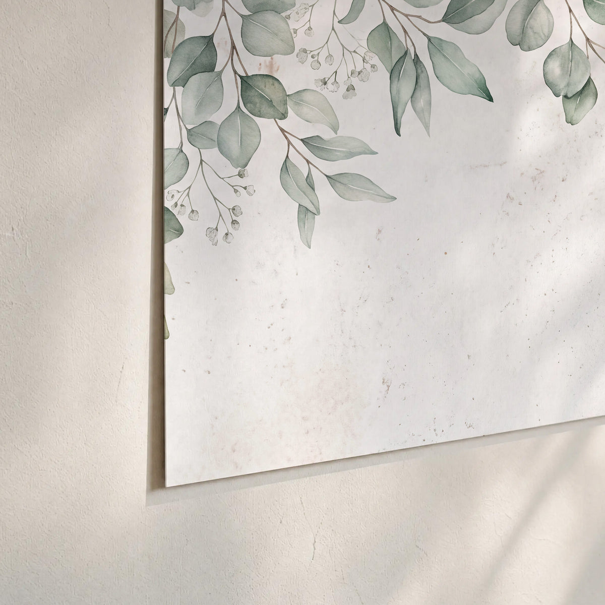Pale sage eucalyptus leaves against a light background set of 3 poster prints material and edge close up
