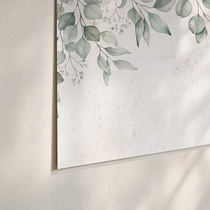 Pale sage eucalyptus leaves against a light background set of 3 poster prints material and edge close up