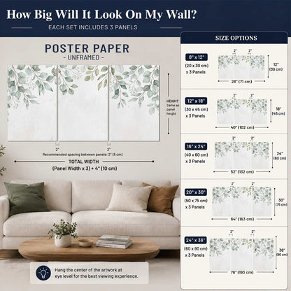 Pale sage eucalyptus leaves against a light background set of 3 poster prints size guide above a sofa; room view is illustrative