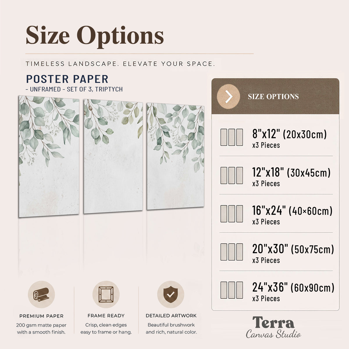 Pale sage eucalyptus leaves against a light background set of 3 poster prints available dimensions; triptych dimensions are per panel