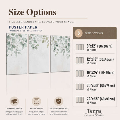 Pale sage eucalyptus leaves against a light background set of 3 poster prints available dimensions; triptych dimensions are per panel